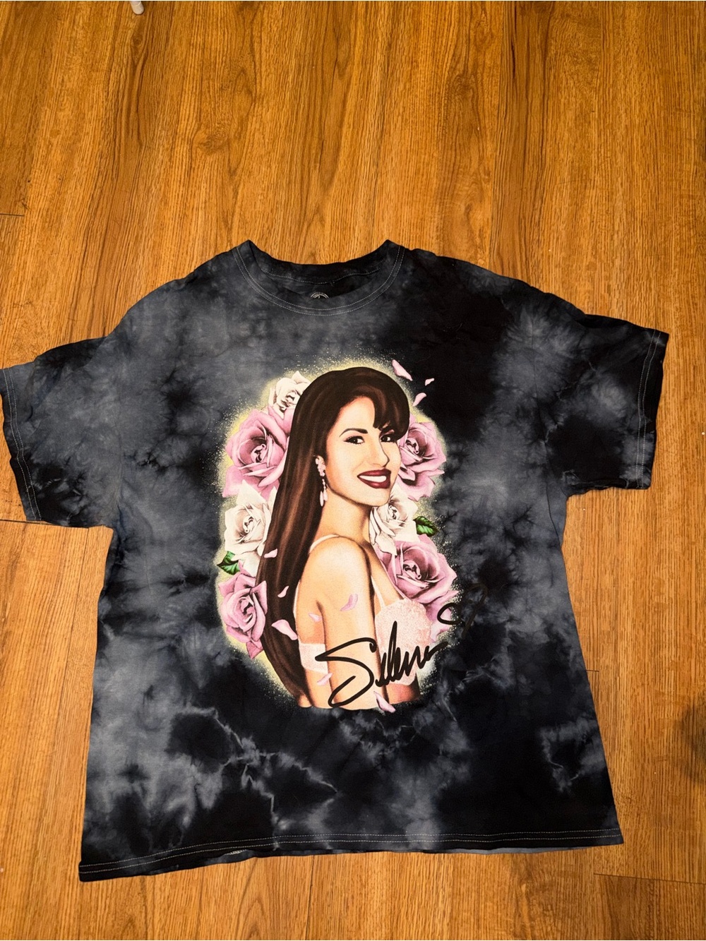 Graphic Selena Tie-Dye Black Tee with Floral Portrait sz L